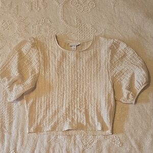 Topshop Cream Textured Crop Top With Puff Sleeves
